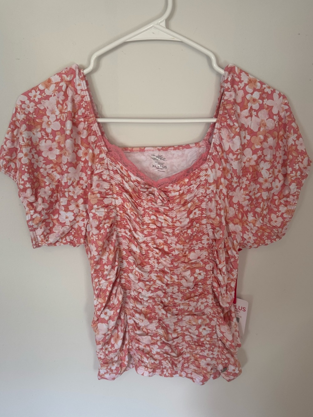 Justice Girls’ Pink Floral Runched Top, Size XL Plus, Brand New With Tags